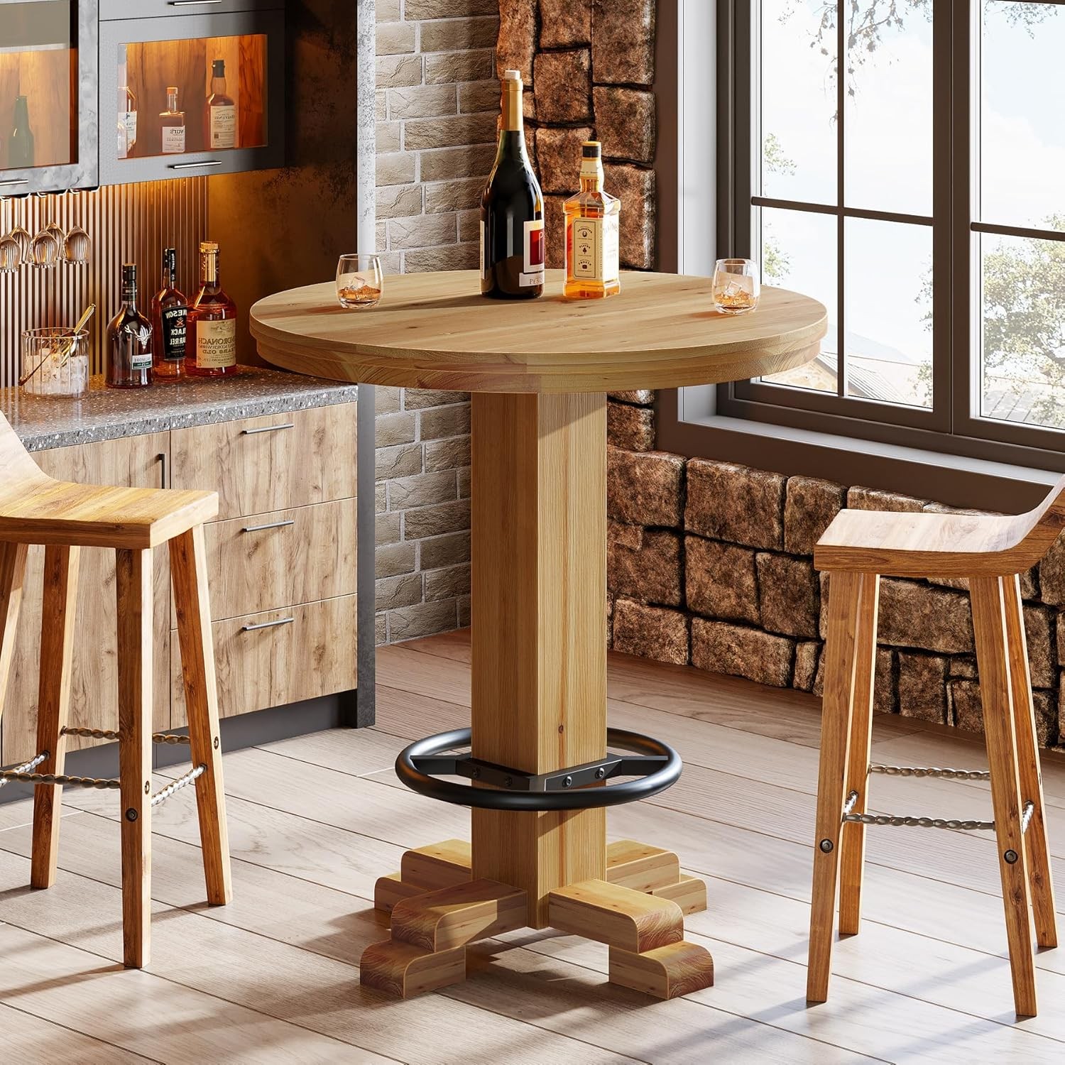 Round Bar Table, 37.4" Counter High Pub Table with Metal Footrest for Bistro,Pub