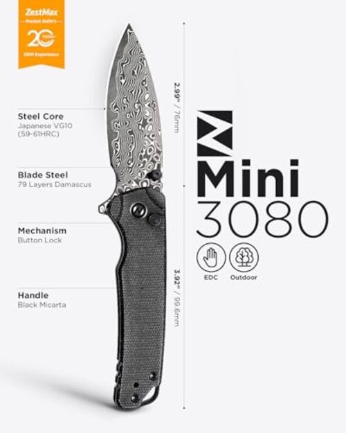 Damascus Folding Pocket Knife, 2.99" Blade Micarta Handle Sharp Cool Black