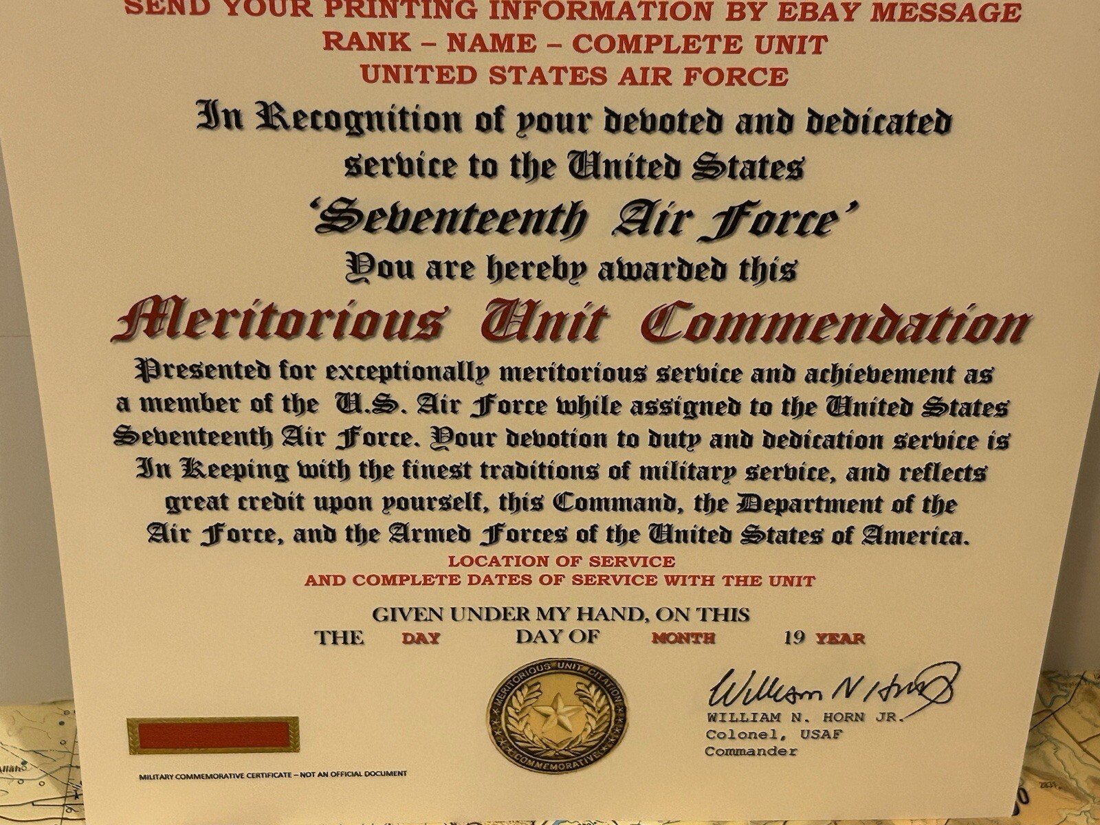 U.S. AIR FORCE / 17TH AIR FORCE - MERITORIOUS UNIT COMMENDATION CERTIFICATE