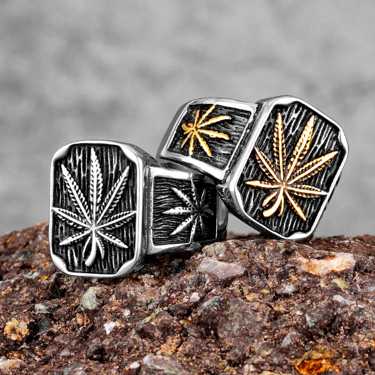 Hemp Weed Leaves Stainless Steel Men's Rings Hip Hop Unique Ganja Gold Silver