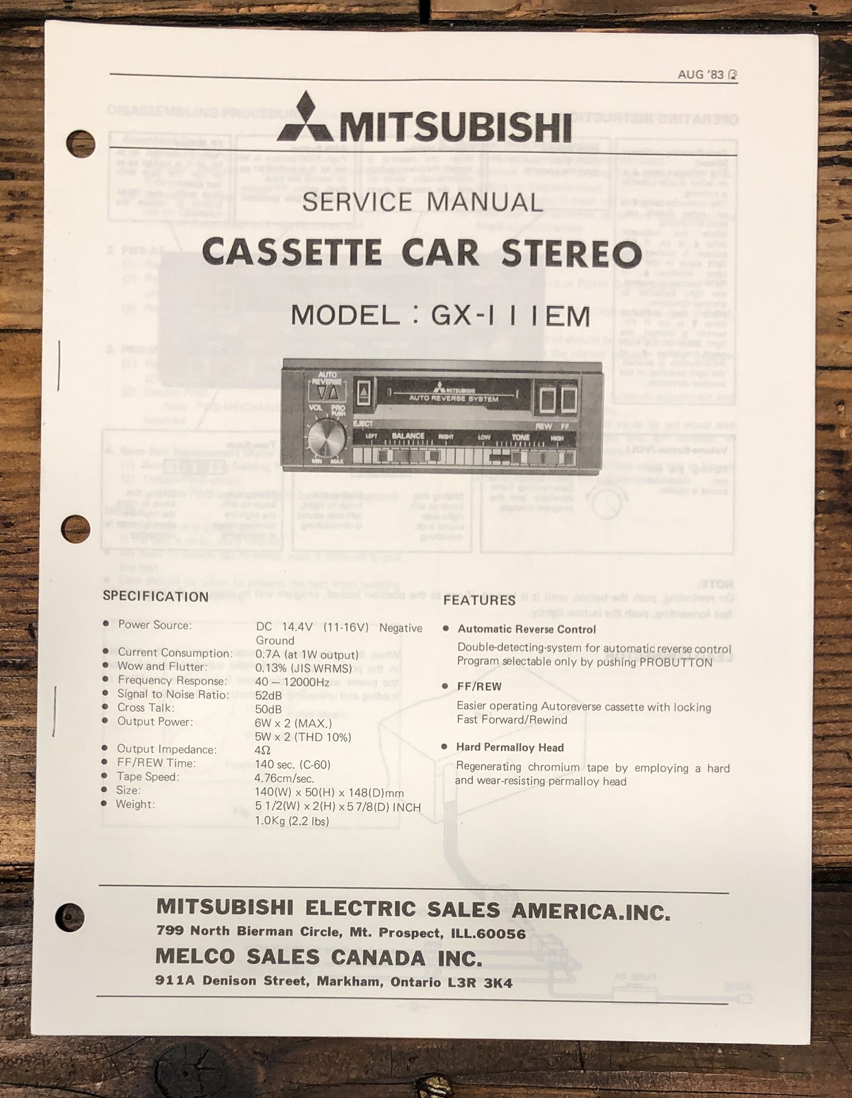 Mitsubishi GX-111EM GX-111 EM Car Stereo Service Manual *Original*