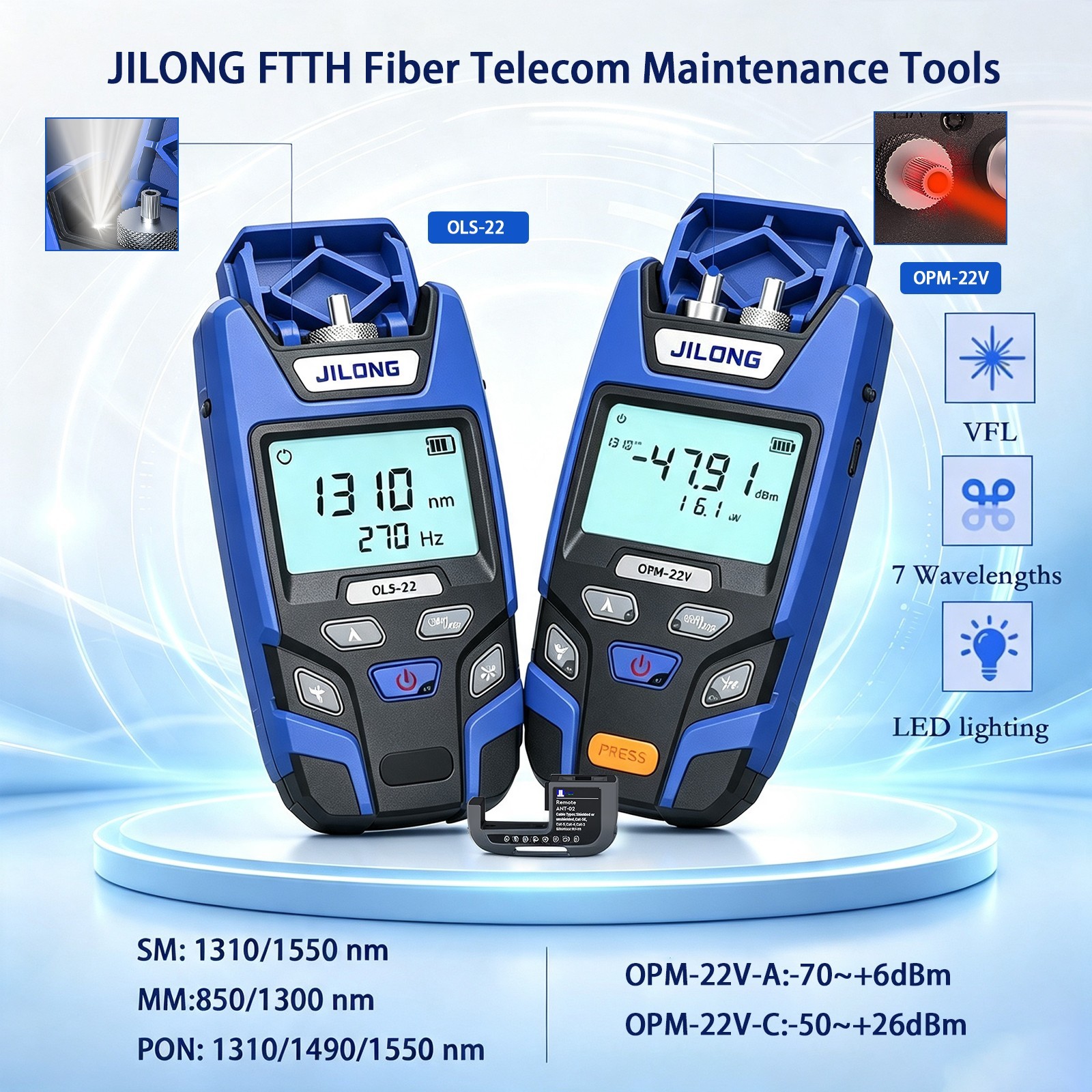 JILONG Fiber FFTH Tools,OPM-22V Built in 10mw VFL, SM/MM/PON OLS-22 Light Source