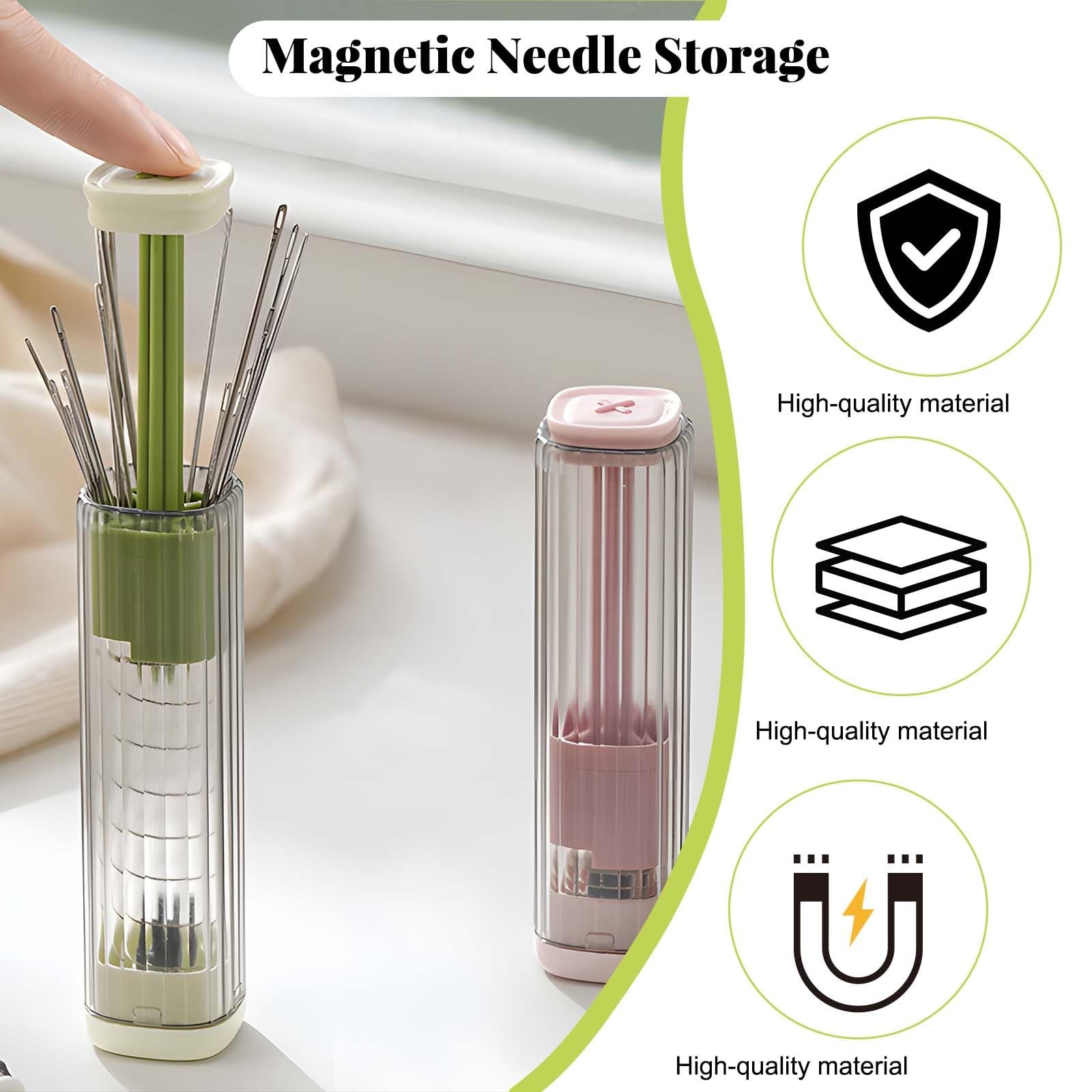2-Piece Magnetic Needle Case with Pop-Up Design | Quick Sewing Kit Green,Pink