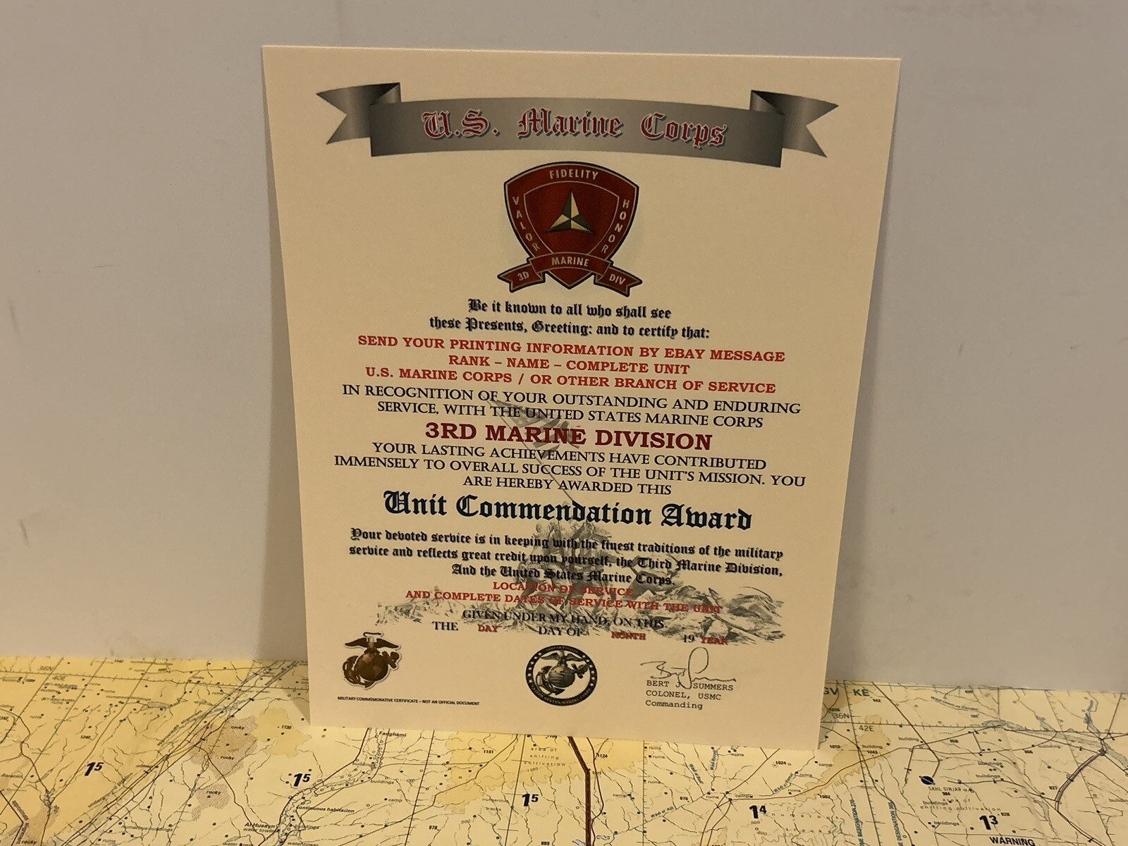 U.S.M.C. / 3RD MARINE DIVISION ~ UNIT COMMENDATION AWARD / CERTIFICATE