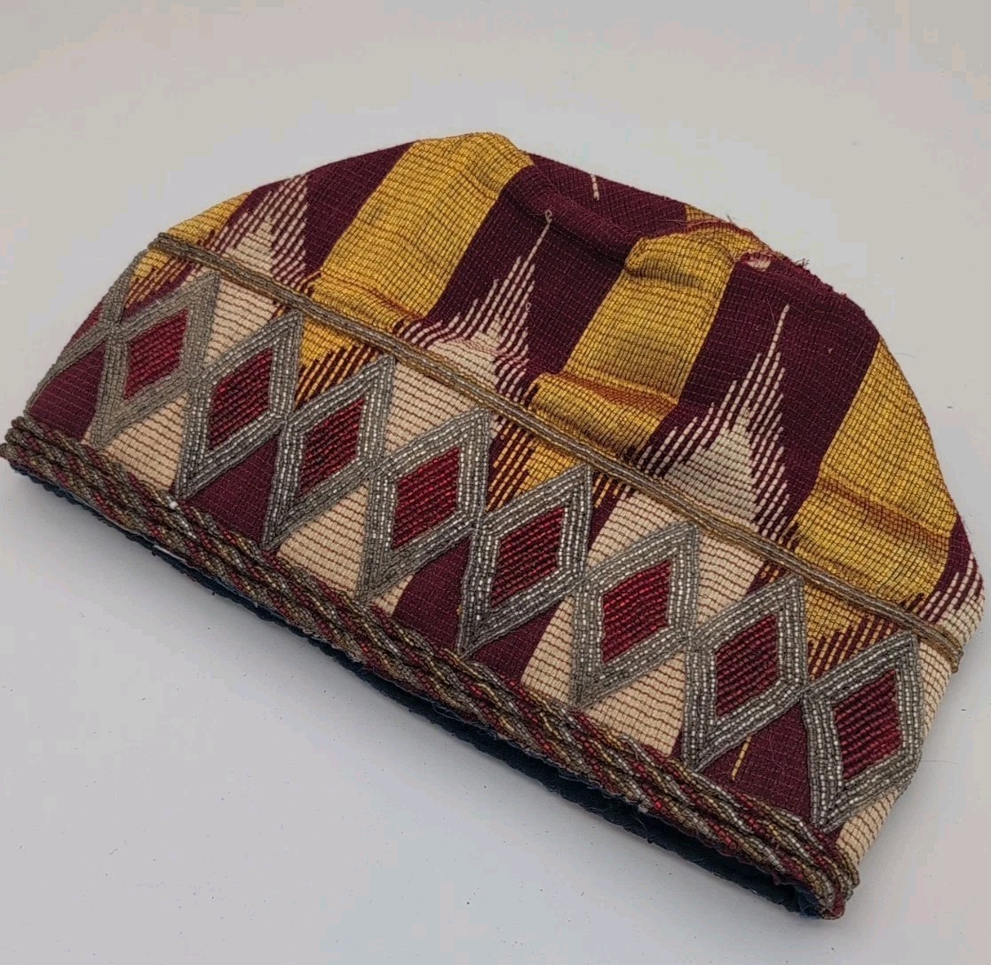 Vintage Authentic African Handwoven Nigerian Hat Kufi Cap Gold Beaded Estate See