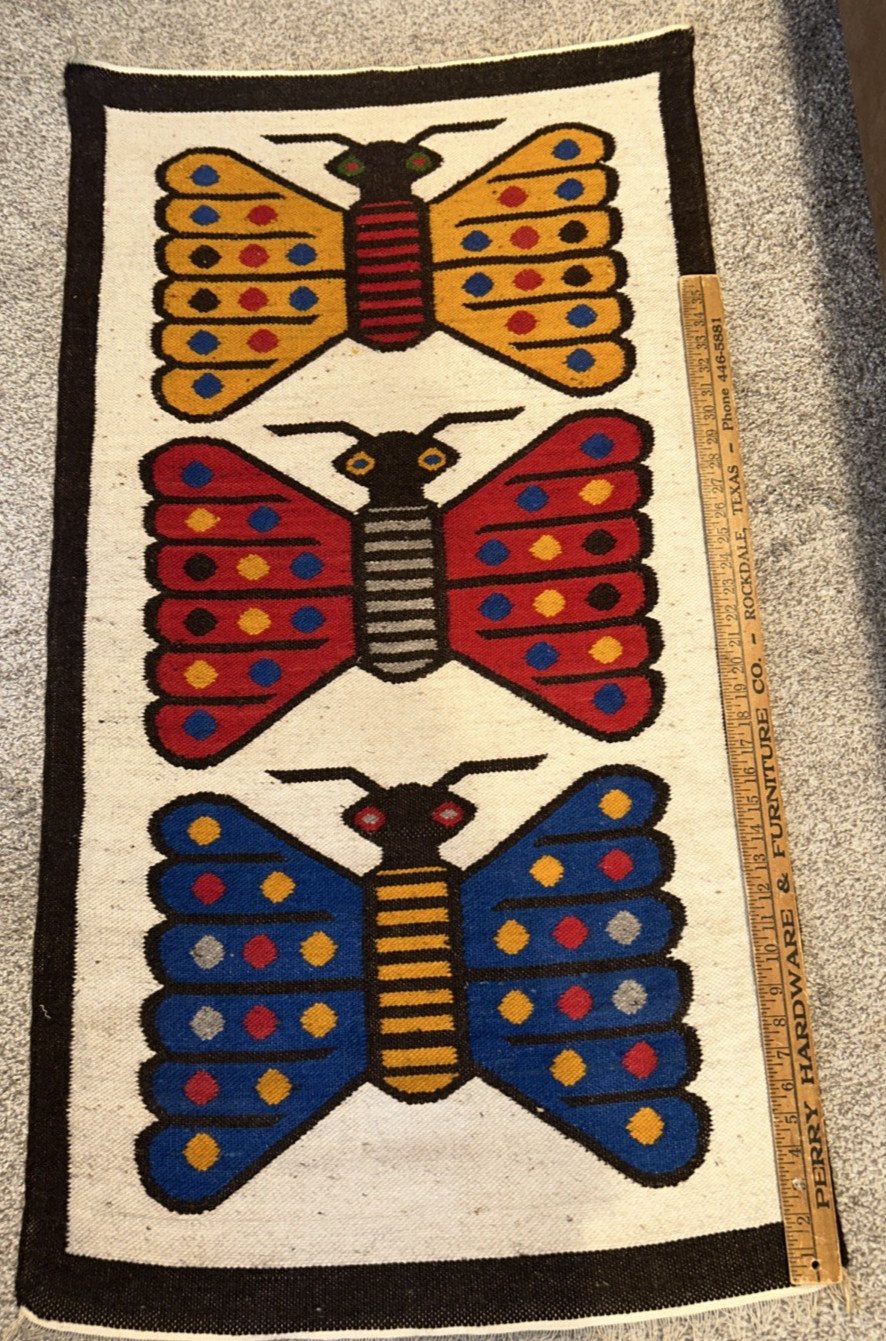 Vintage Butterfly Wool Rug Tapestry From Peru 45" x 26"