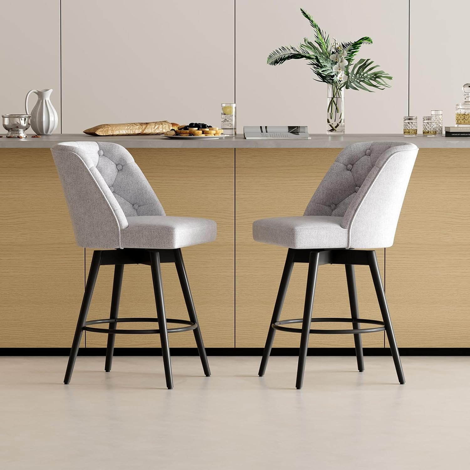 Modern 360° Swivel Bar Stools Set of 2 - Upholstered Counter Height Chairs