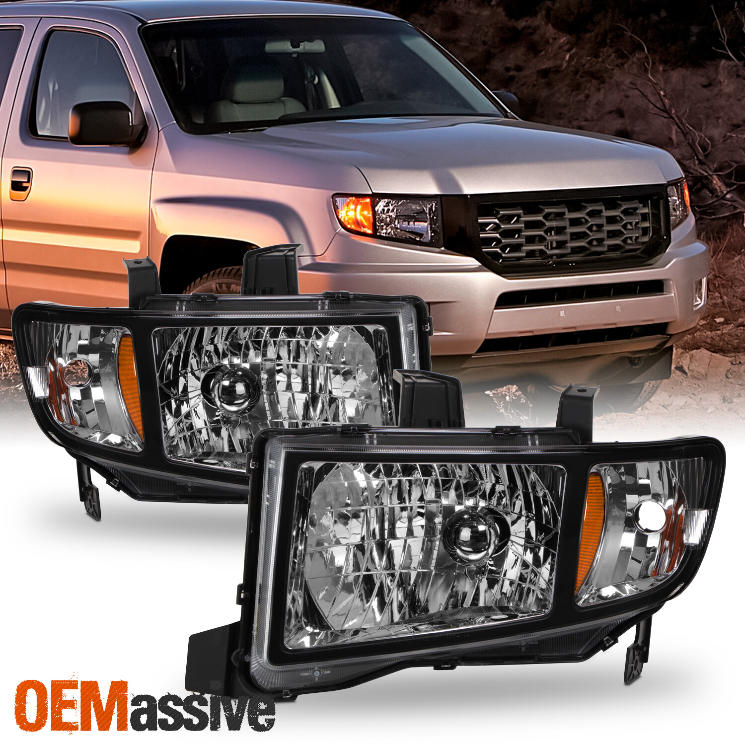Fits 2006-2014 Honda Ridgeline Black Headlights Light Left + Right Headlamps