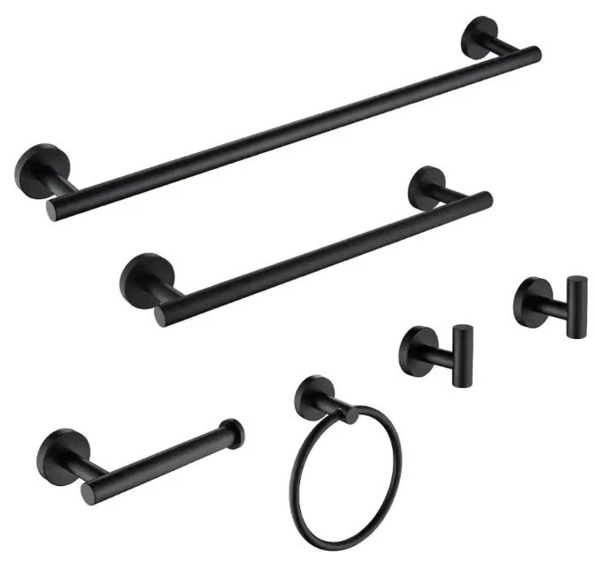 6 -Pcs Bath Set 2-Towel Hooks, Towel Ring, TP Holder, 2-Towel Bars Satin Black