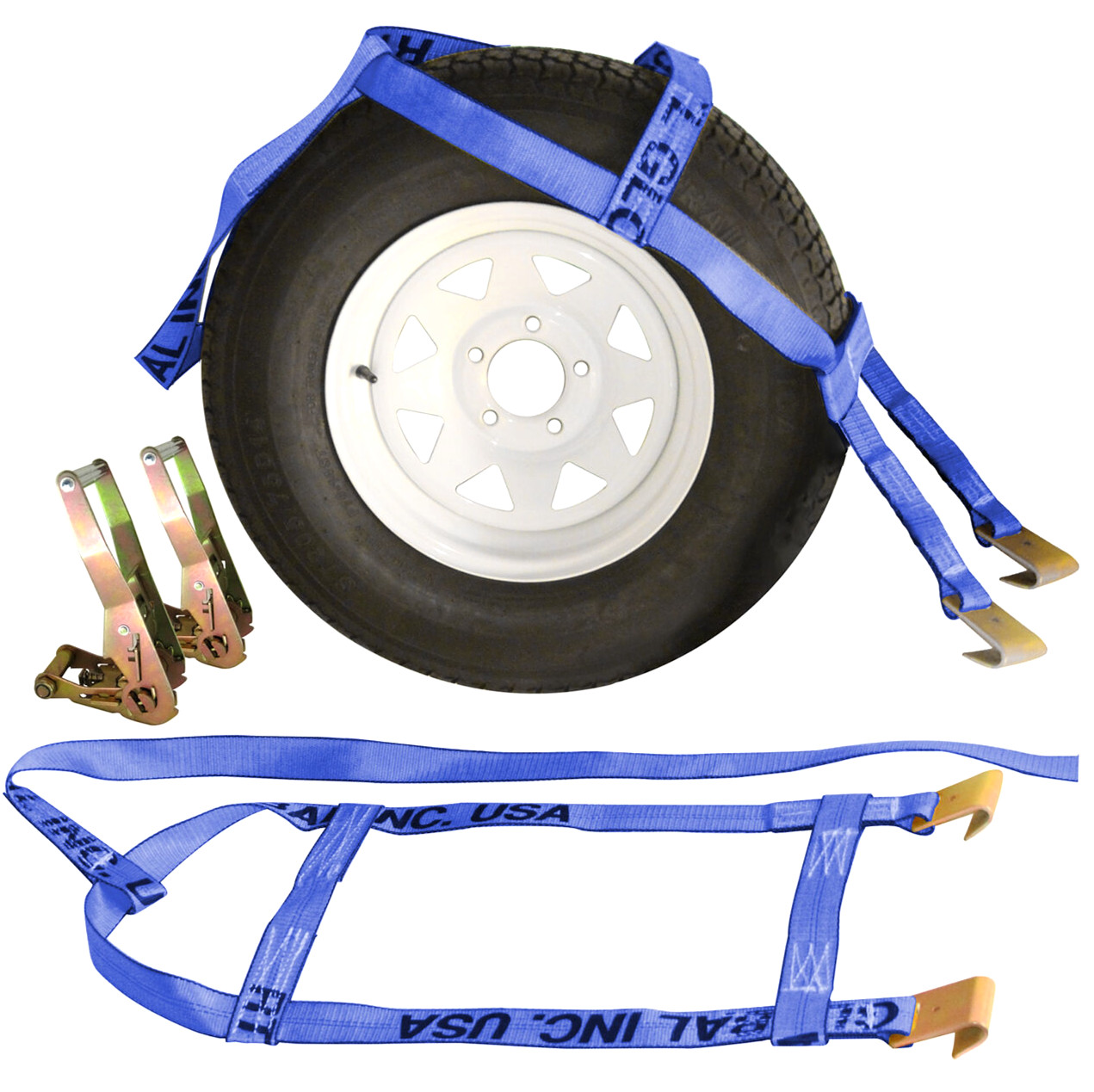 2 Blue Demco Style Adjustable Basket Straps w/ Flat Hooks & Ratchets for Tow