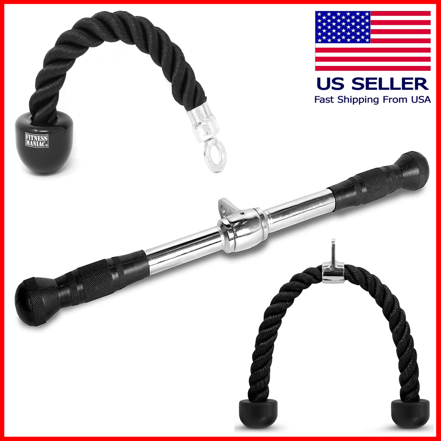 Tricep Press Down Cable Machine Attachment LAT Pulldown Gym Bundle
