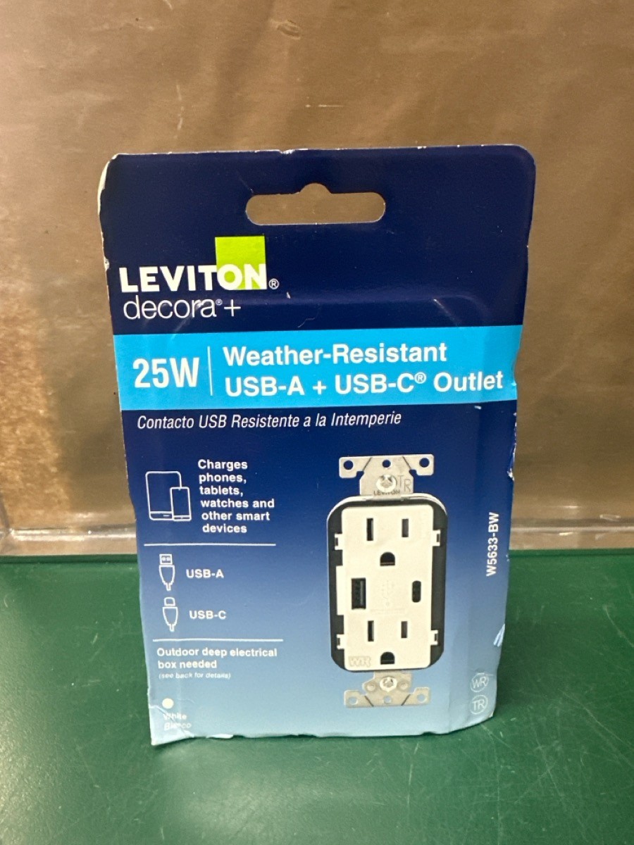 Leviton Decora+ W5633-BW 25W Weather-Resistant USB-A + USB-C Outlet (E10044568)