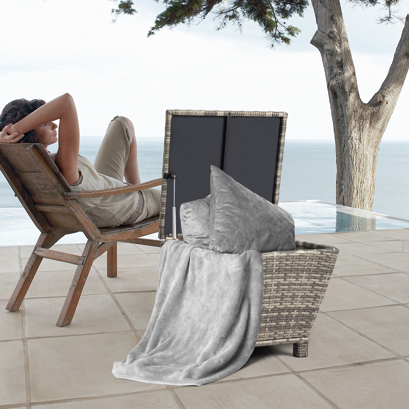 Outdoor PE Wicker Side Table with Storage, Small Patio Storage Bin Container
