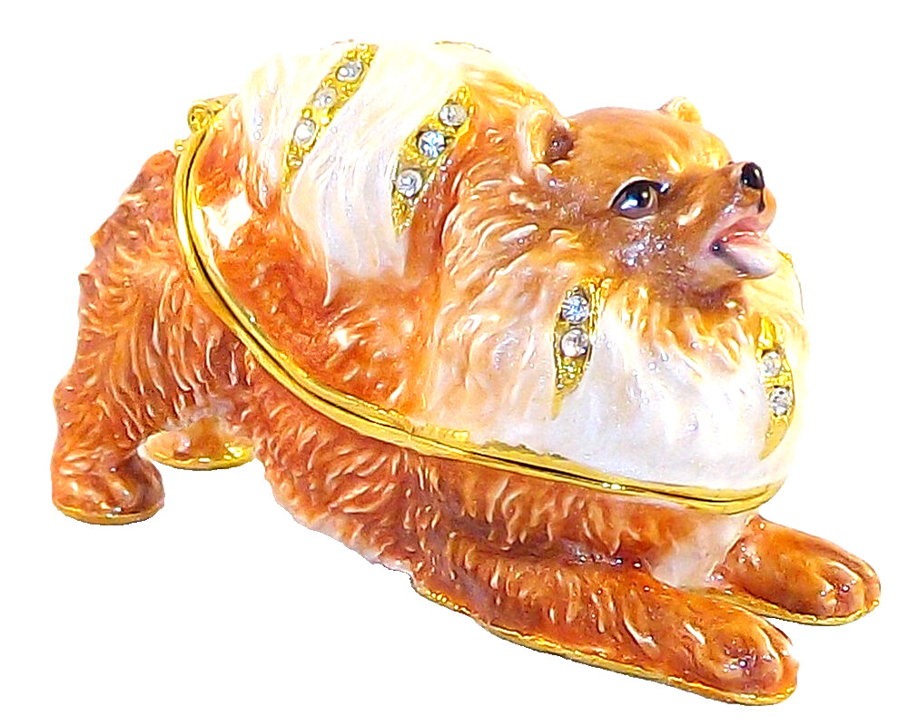 Pom Pom Pomeranian Dog Hinged Trinket / Jewelry Box Pewter Bejeweled Kingspoint