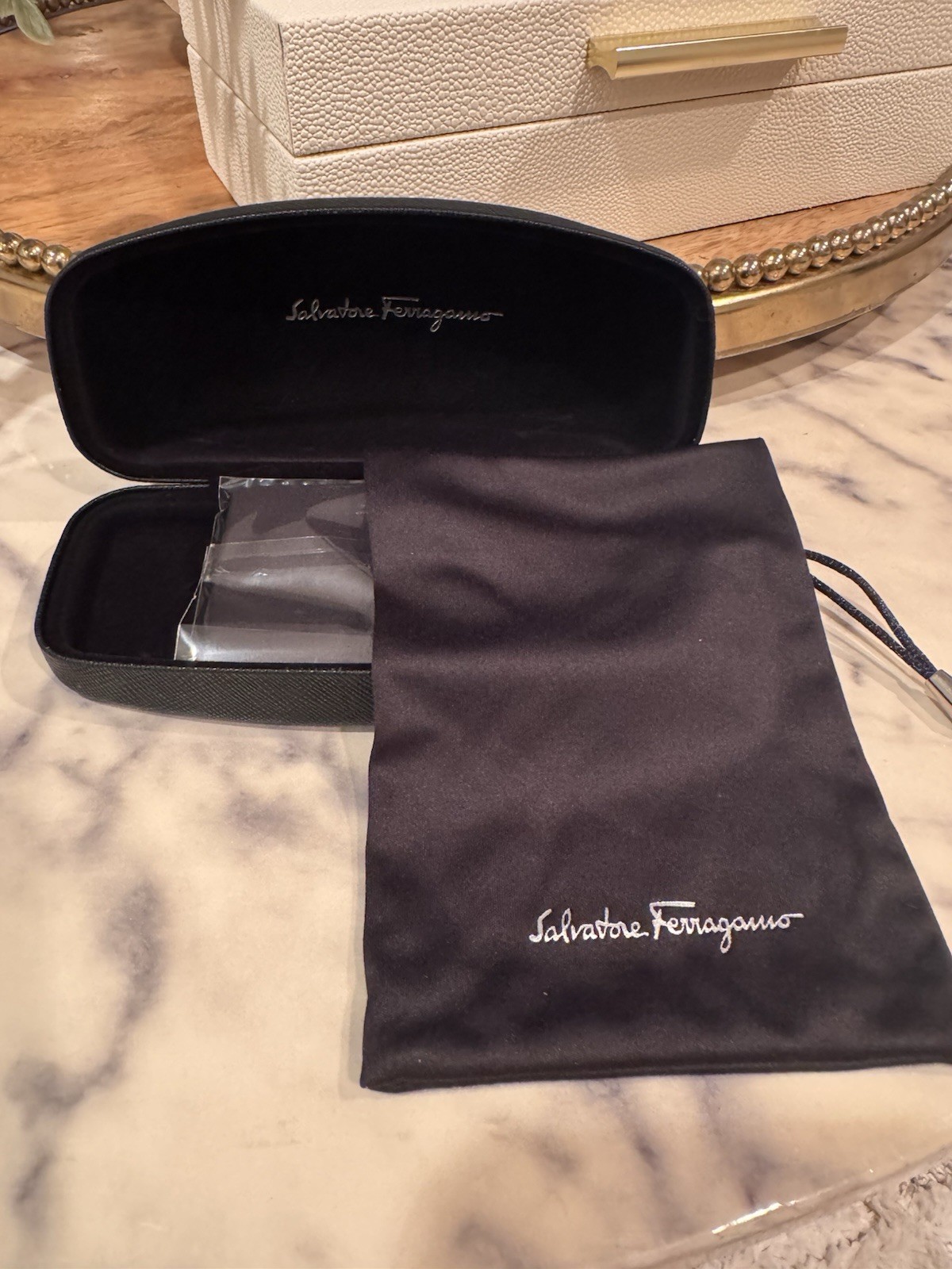 Salvatore Ferragamo  Eyeglass Case  Black Hard Case With  Dust Bag And Cloth