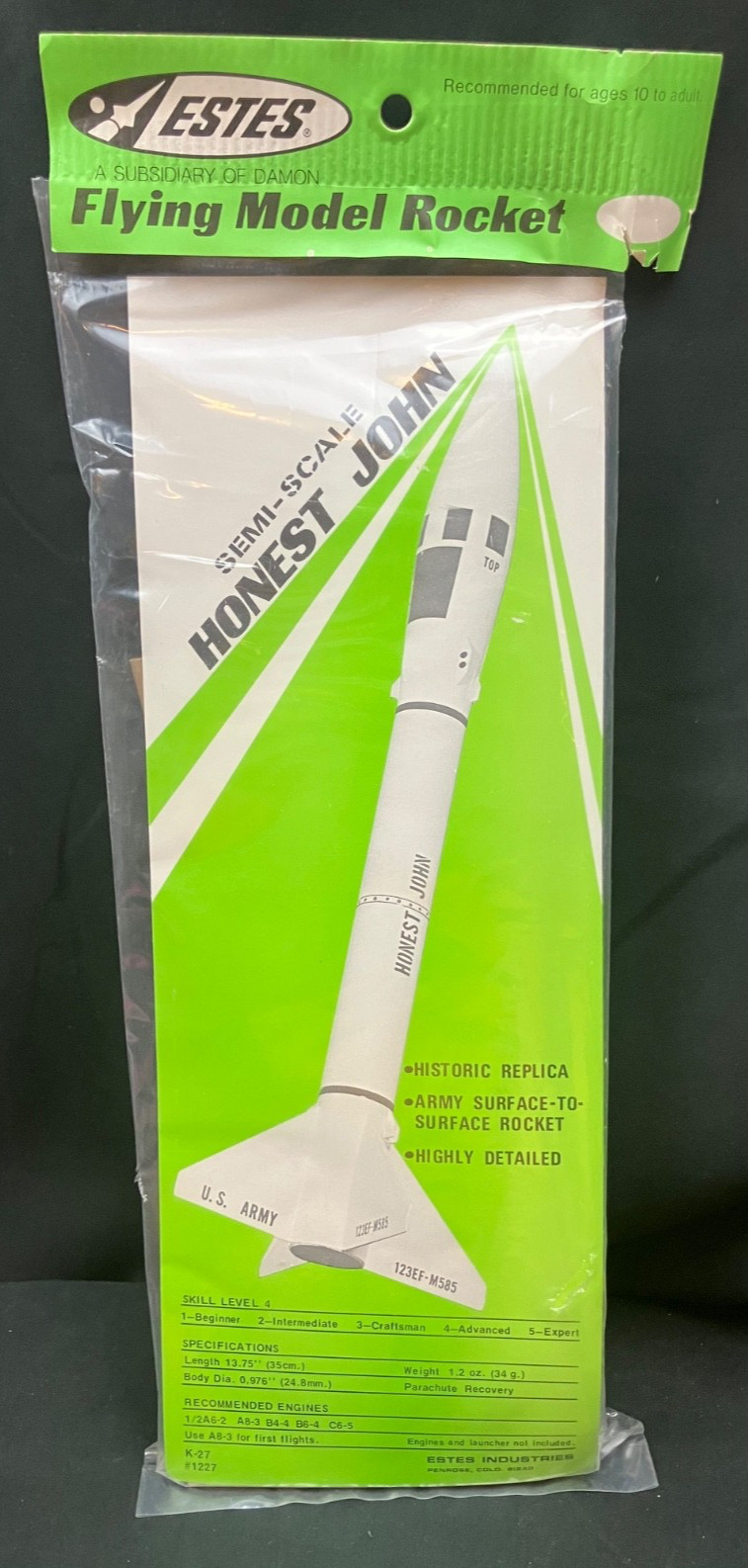 Incredibly Rare Green Hangtag Estes Semi-Scale Honest John Flying Rocket -Sealed