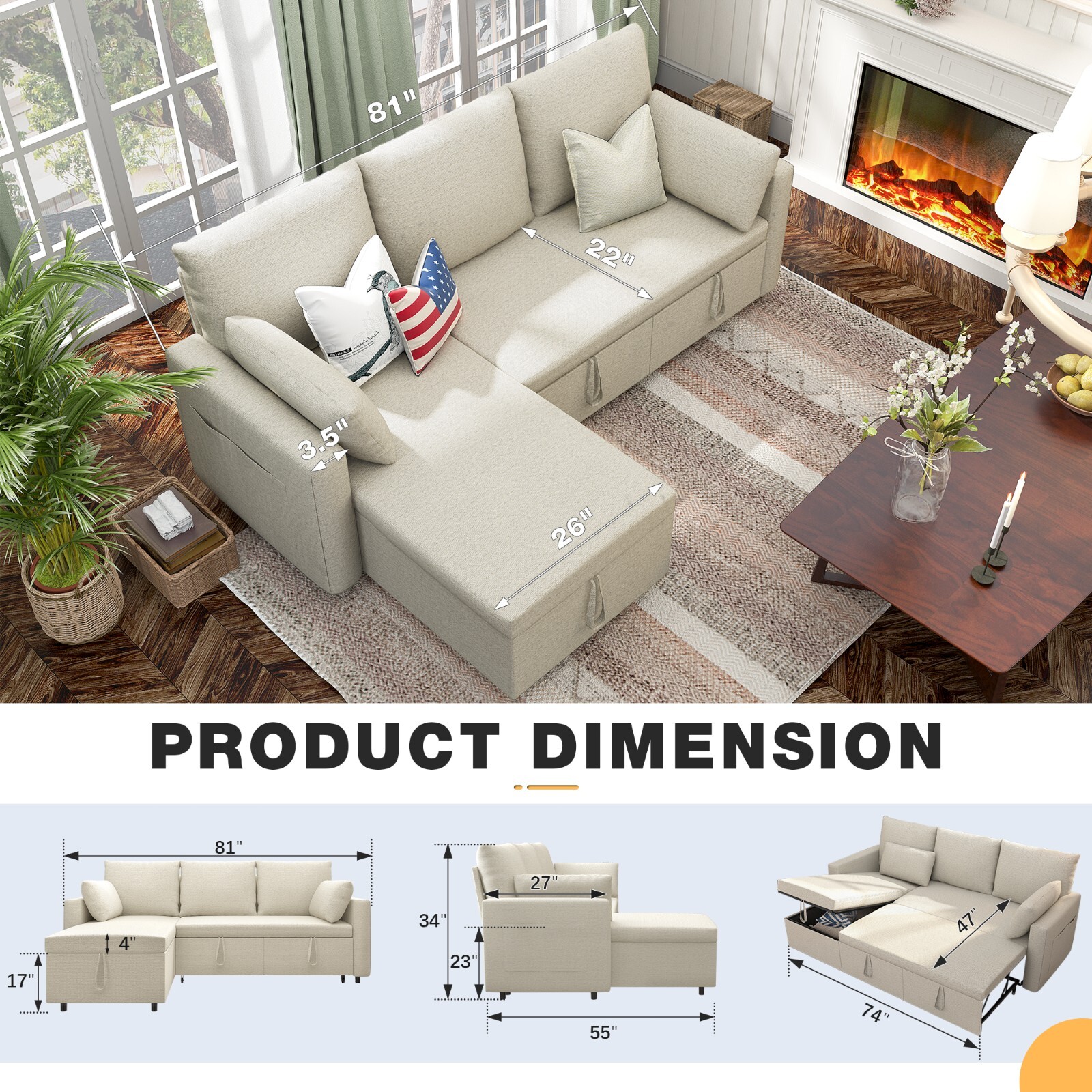 Linen Sleeper Sofa Bed,Pull OutCouch Bed with Storage Chaise