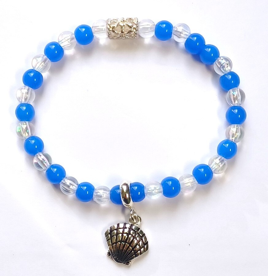 Blue and Clear Beaded Shell Bracelet-7.5 inch Stretchy