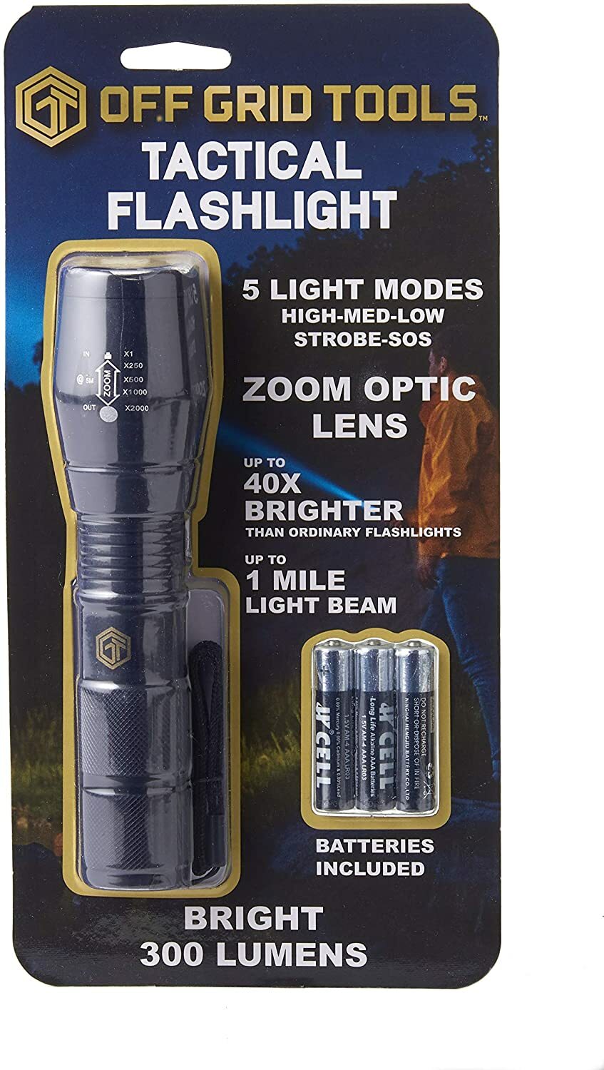 Off Grid Tactical LED Flashlight High/Low Strobe, Zoom
