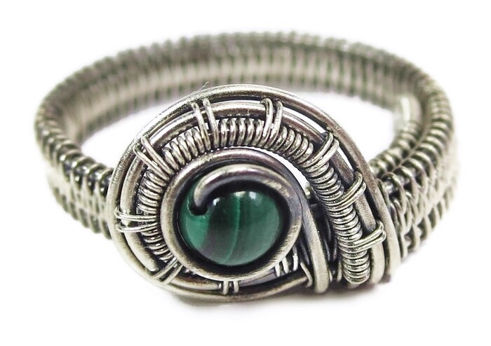 Malachite Adjustable Ring, Woven in Sterling Silver Wire