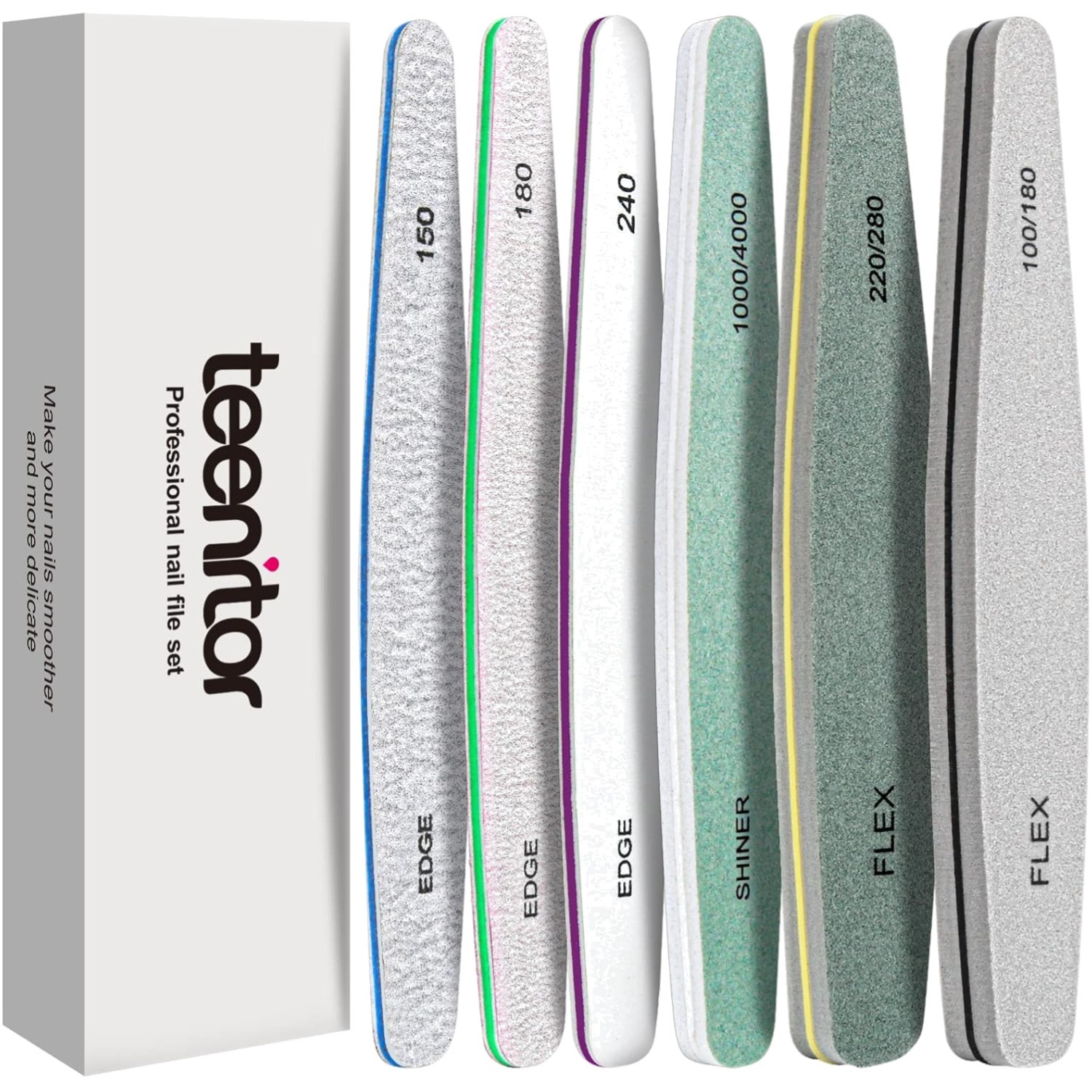 Versatile Nail File Set - 6 Emery Boards with Grits for Natural & Acrylic Nails