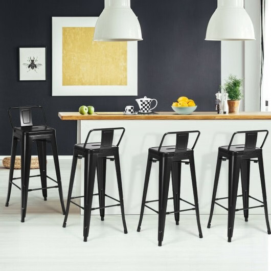 30 Inch Set of 4 Metal Counter Height Barstools with Low Back and Rubber Feet-Bl