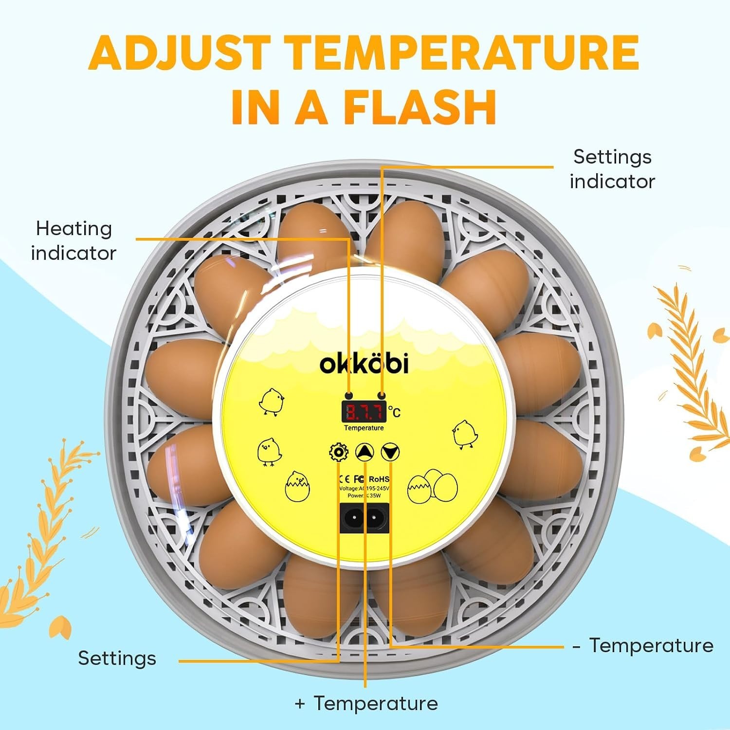 Okkobi M12 Egg Incubator with Automatic Turner and Humidity Control - 12/24 E...