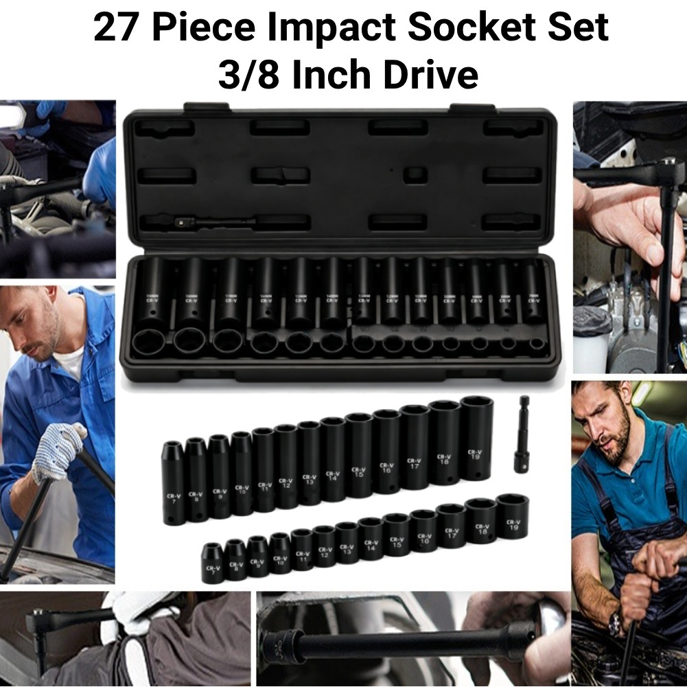 27 PCS Drive Impact Socket Set Deep Shallow Metric 7mm-19mm 6-Point Flank Drive