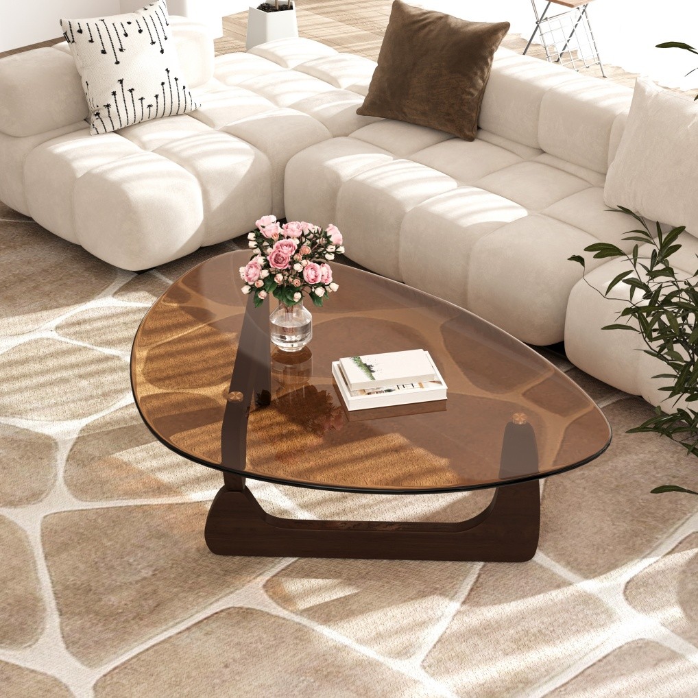 Noguchi Coffee Table Triangle Glass Top Premium Solid Hardwood Base Dark Walnut