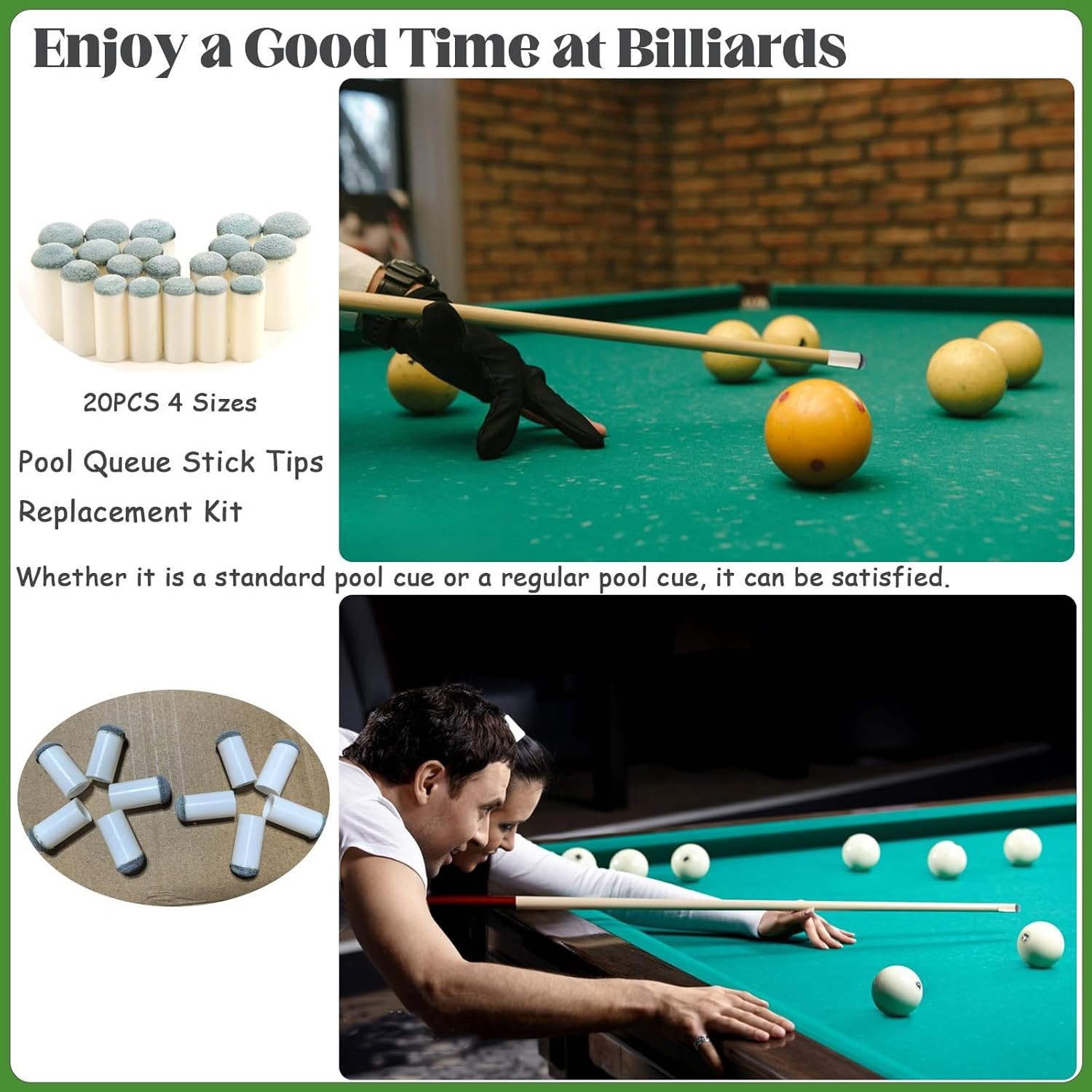 20Pcs Slip on Pool Cue Tips, 4 Sizes Pool Queue Stick Tips Replacement Kit, Bill