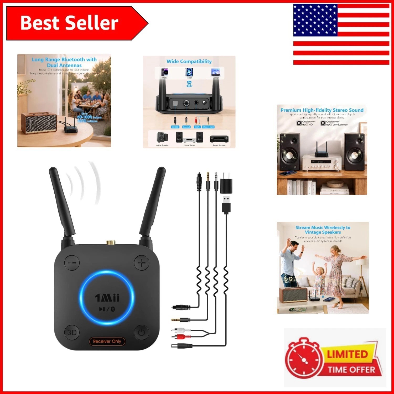 B06Pro Long Range Bluetooth Receiver: HiFi Audio Adapter with 3D Surround Sound