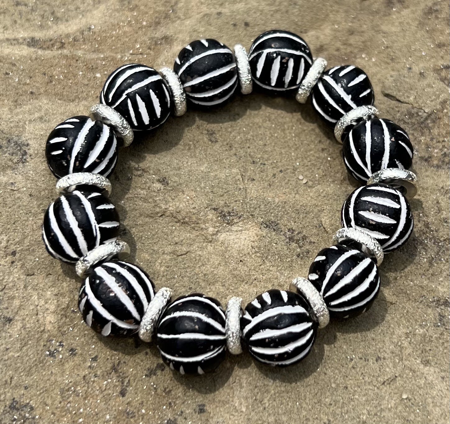 Black, White and Silver Handmade Women’s Bracelet with African Beads