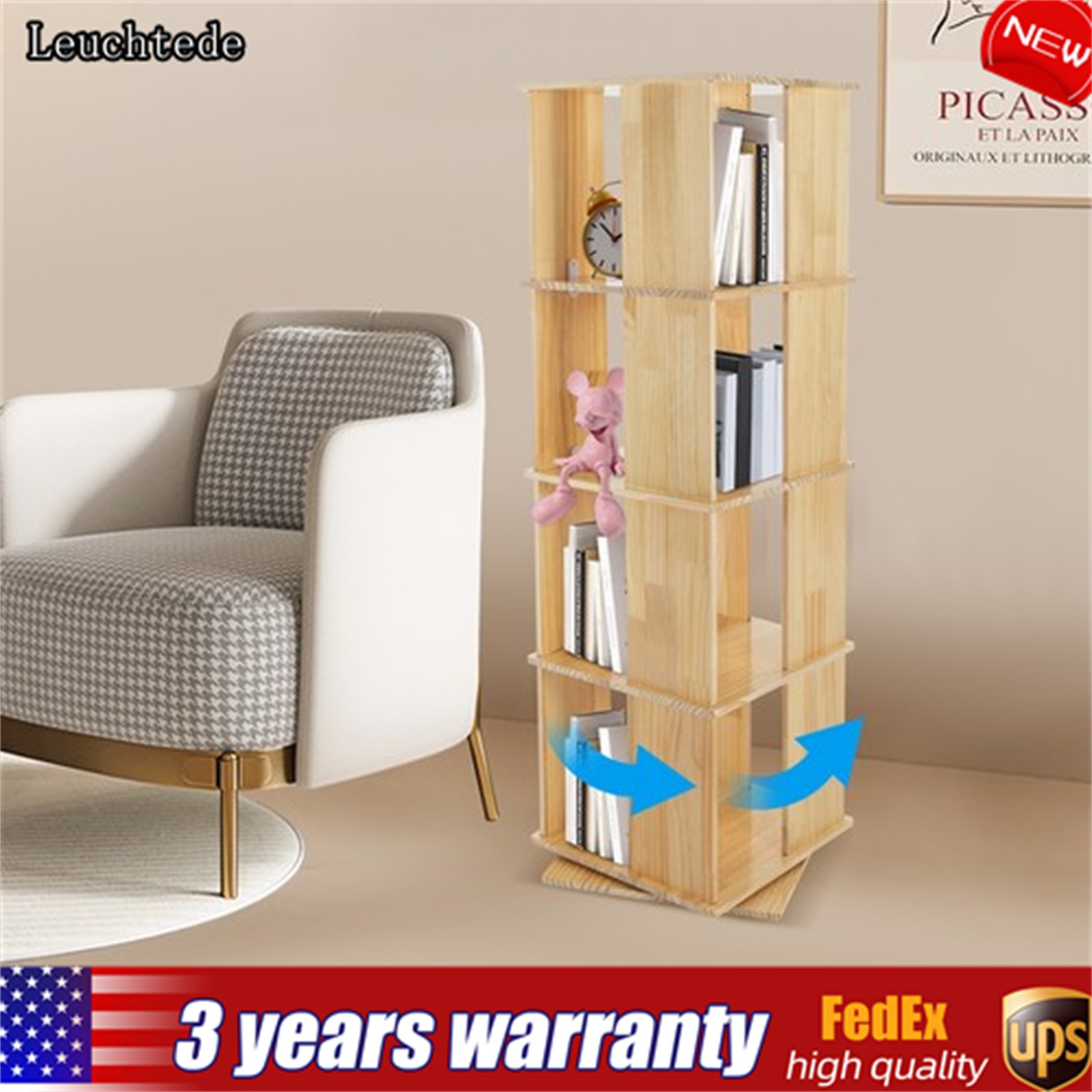 4 Layers 360° Rotating Bookshelf Display FreeStanding Wood Bookcase Storage Rack