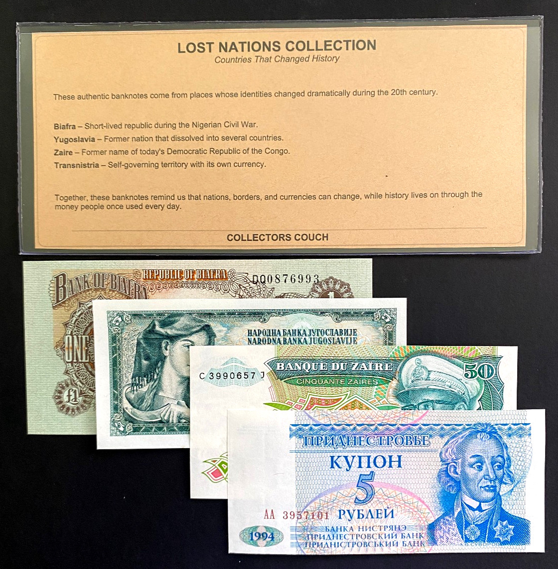 LOST NATIONS COLLECTION 4 UNC Banknotes Biafra Yugoslavia Zaire Transnistria