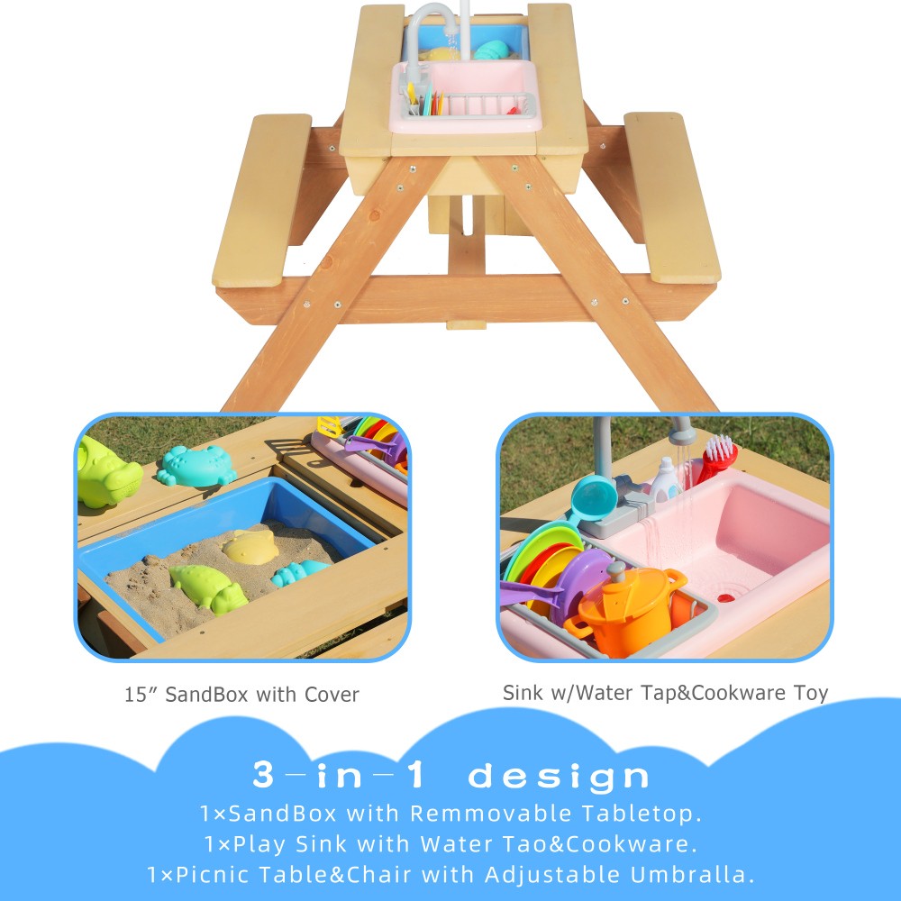 Kids Sand & Water Activity Table with Umbrella, Convertible Picnic Table