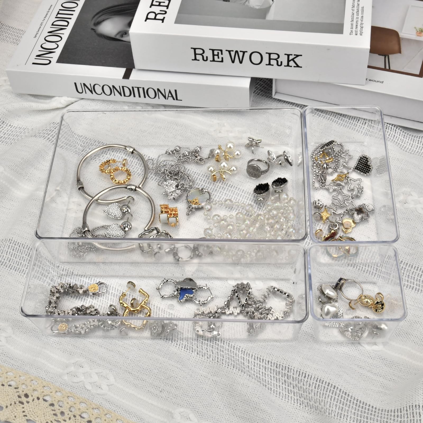 Clear Plastic Drawer Organizers Set of 15, 4 Sizes for Kitchen & Office