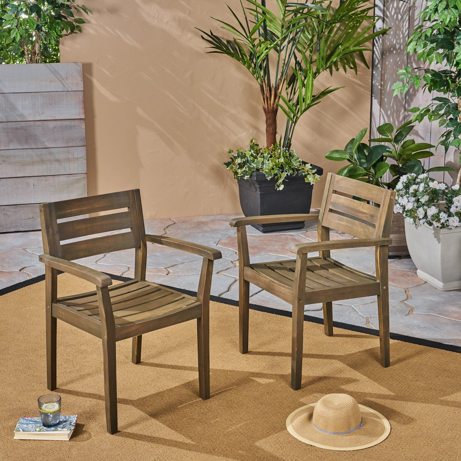 Set of 2 Acacia Wood Dining Chairs, Outdoor Patio Grey, 350lb Capacity
