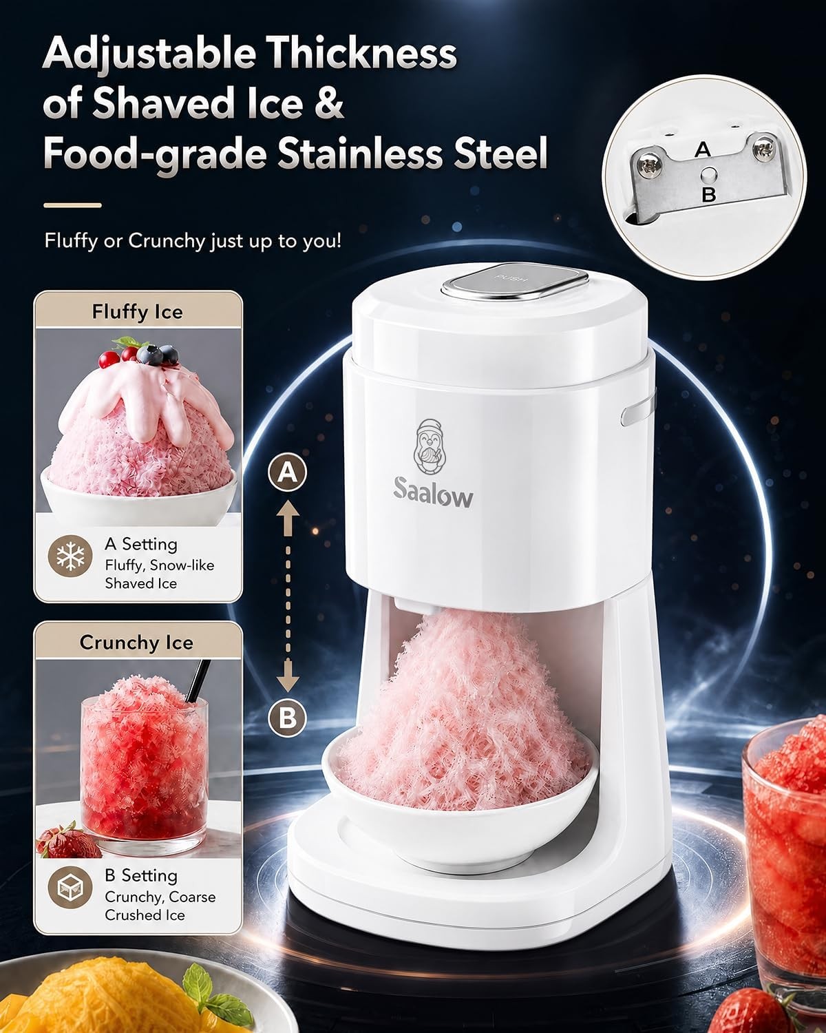 Electric Shaved Ice Machine Snow Cone Maker with Adjustable Thickness Settings