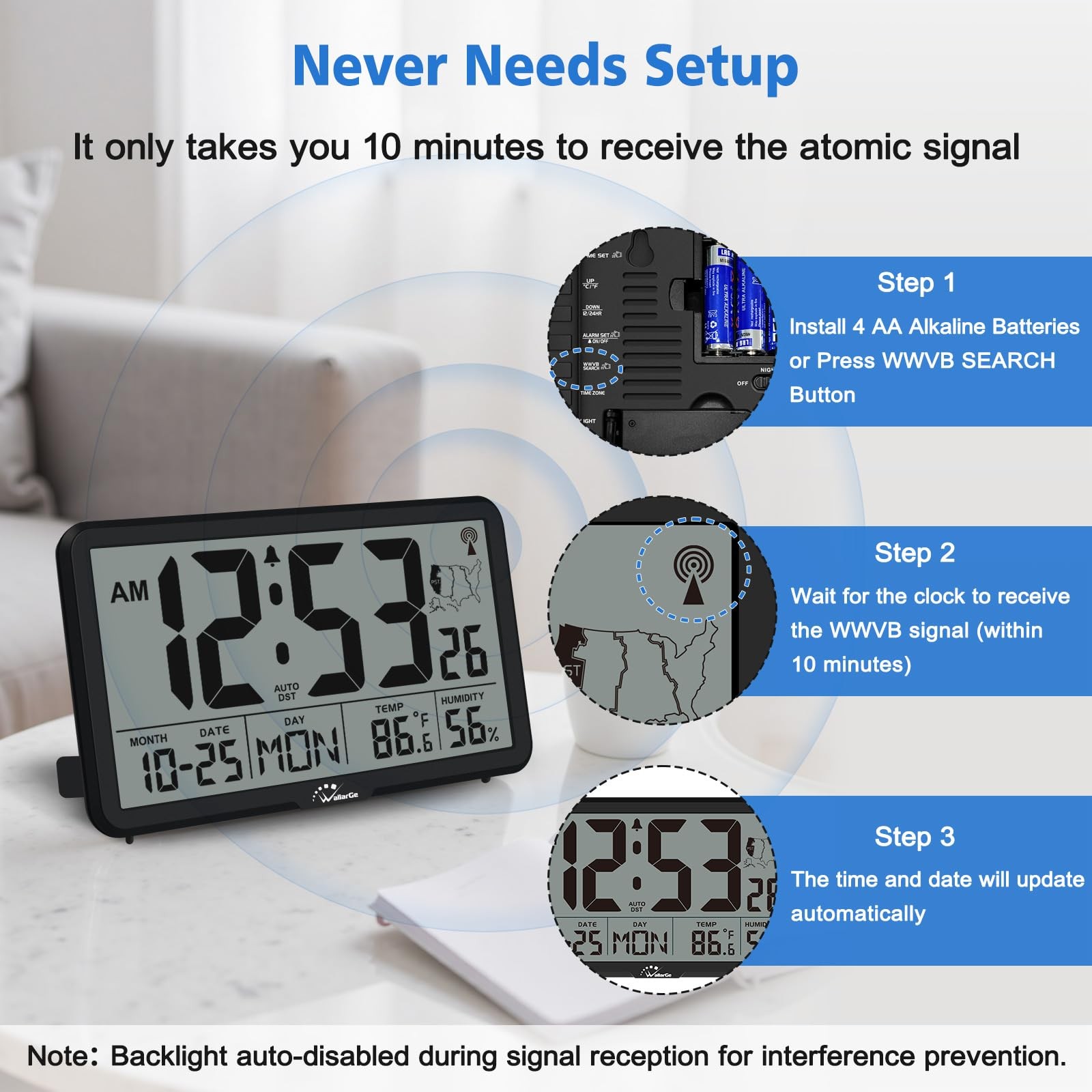 WallarGe Atomic Wall Clock with Backlight, Digital Large, Black