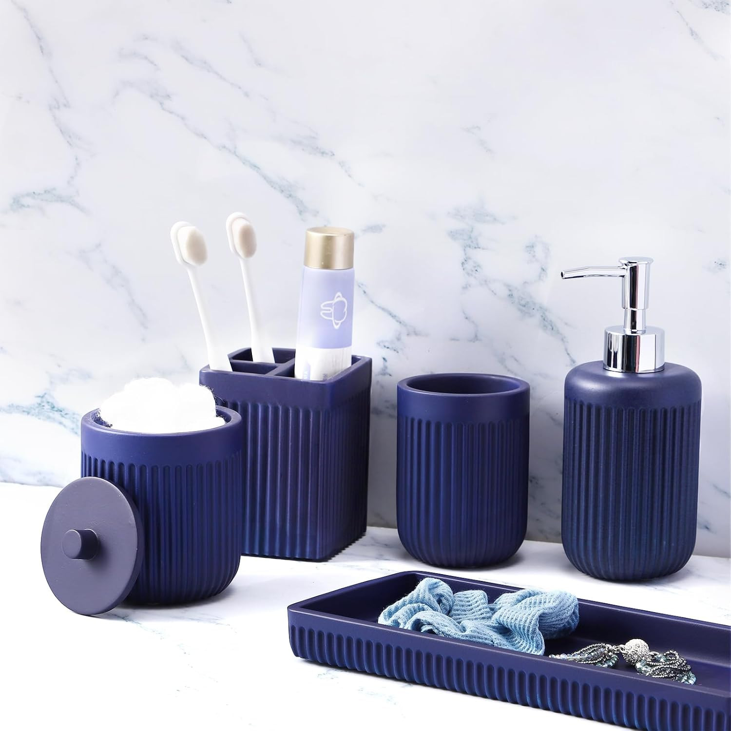 Resin Navy Blue Bathroom Accessories Set 5 Pcs, Lotion Soap Dispenser, Toothbrus