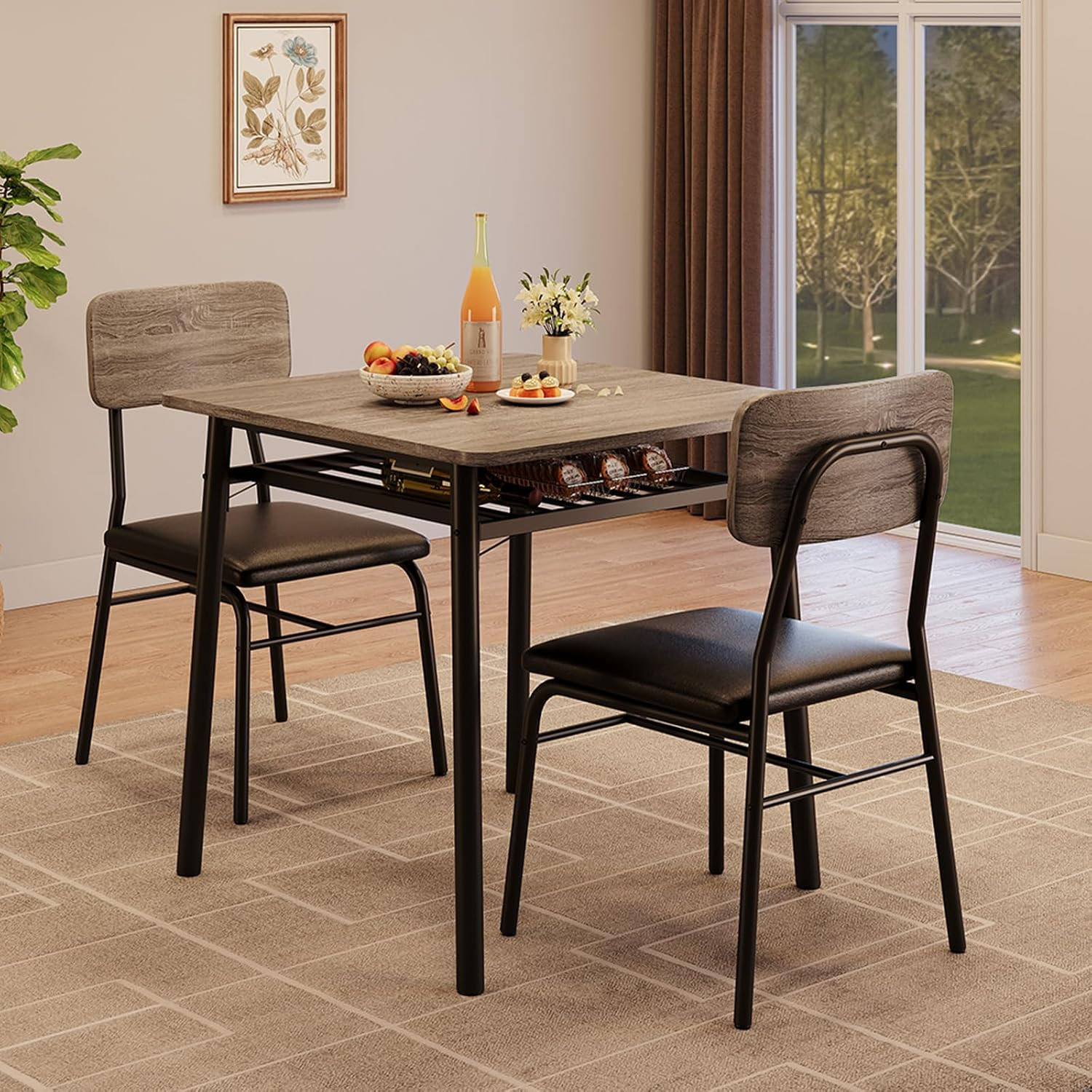 Dining Table Set for 2 with Storage Rack, Gray | 3-Piece Small Kitchen Table and
