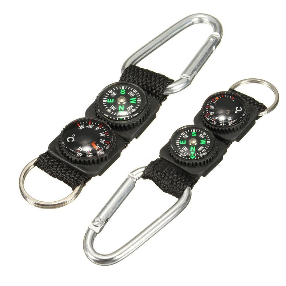Multifunction Mini Compass Camping Survival Thermometer Carabiner Hook Keychain