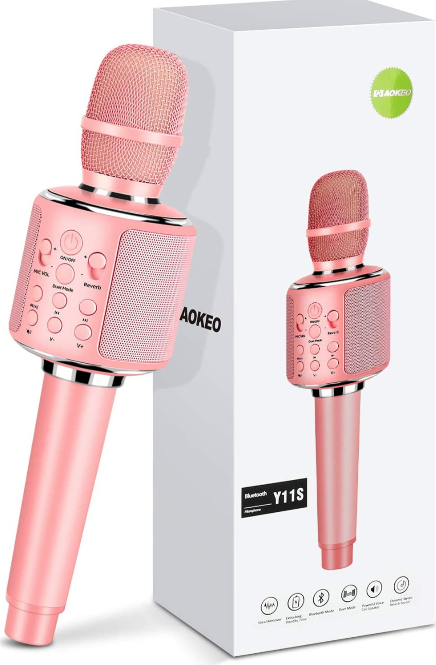Aokeo Wireless Karaoke Bluetooth Microphone 3 in1 Handheld Mic Adults Kids PINK