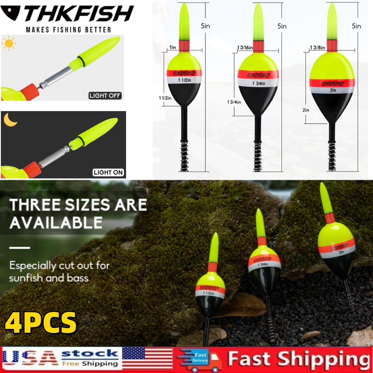 4pc EVA Foam Fishing Floats with Fishing Glow Sticks Night Lighted Fish Bobbers