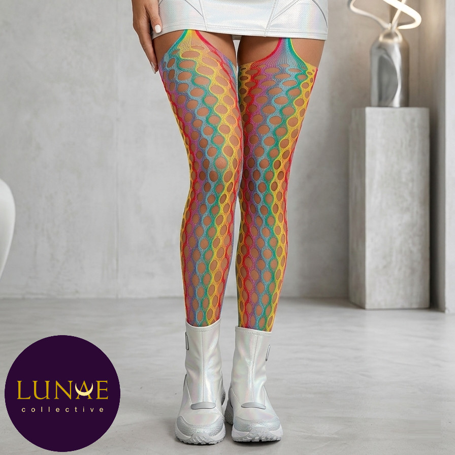 fishnet tights UK 10/12/14/16 rainbow suspender crotchless