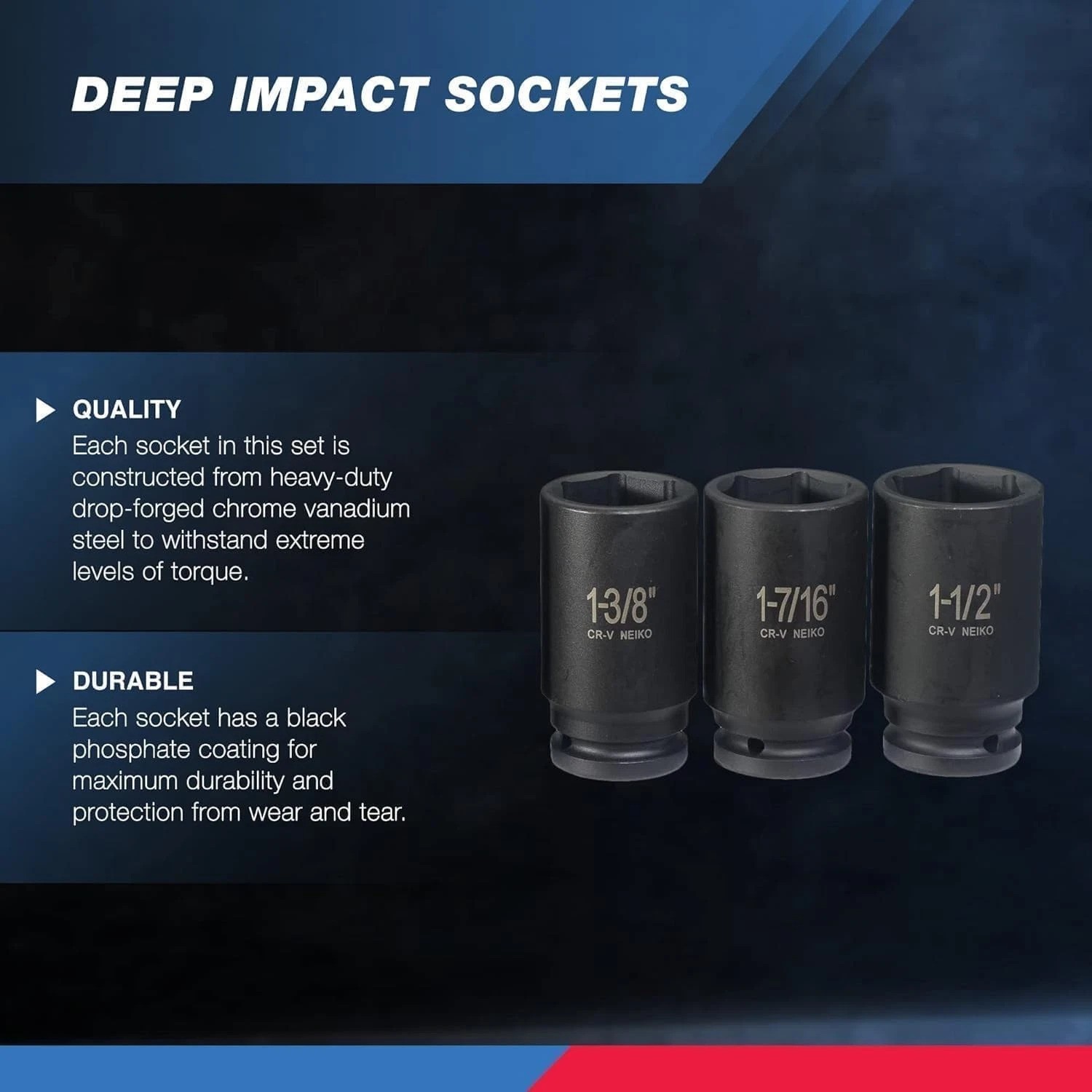 4 Drive Impact Socket Set 1" to 1 1/2" SAE 8 Piece Deep/Jumbo Socket Set