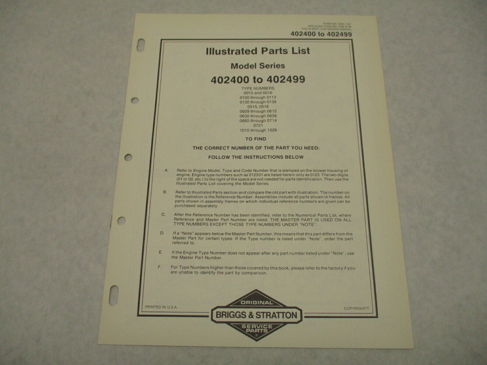 MS-7638-7/87 Briggs & Stratton Illustrated Parts List for Model 402400-402499