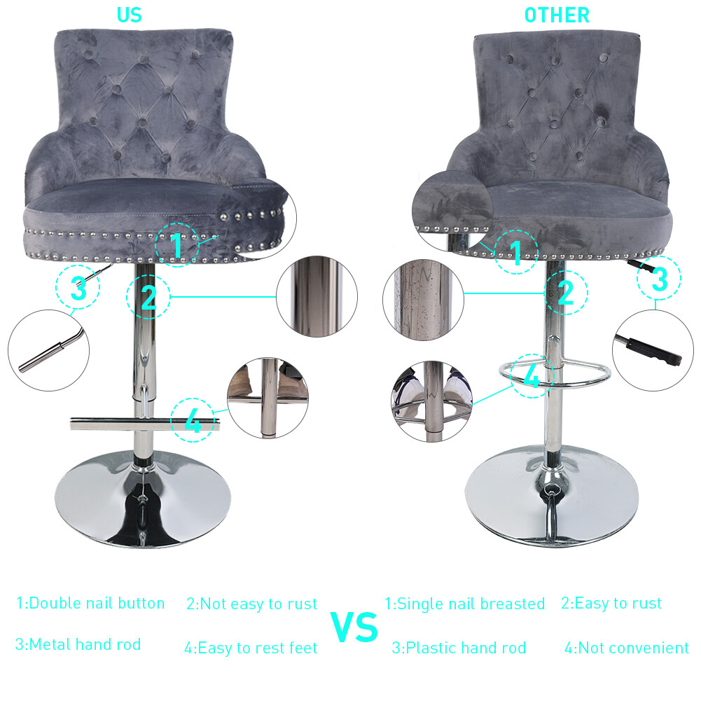 Extra Large Velvet Bar Stool Heavy Duty Adjustable Breakfast Chair w Stable Base