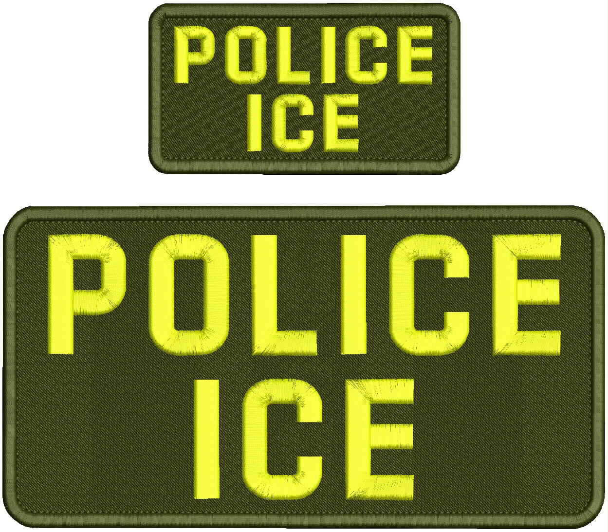 POLICE I /C/ E/ EMBROIDERY PATCH 5X10 & 2.5X5 VELCR@ ON BACK YELLOW ON OD GREEN