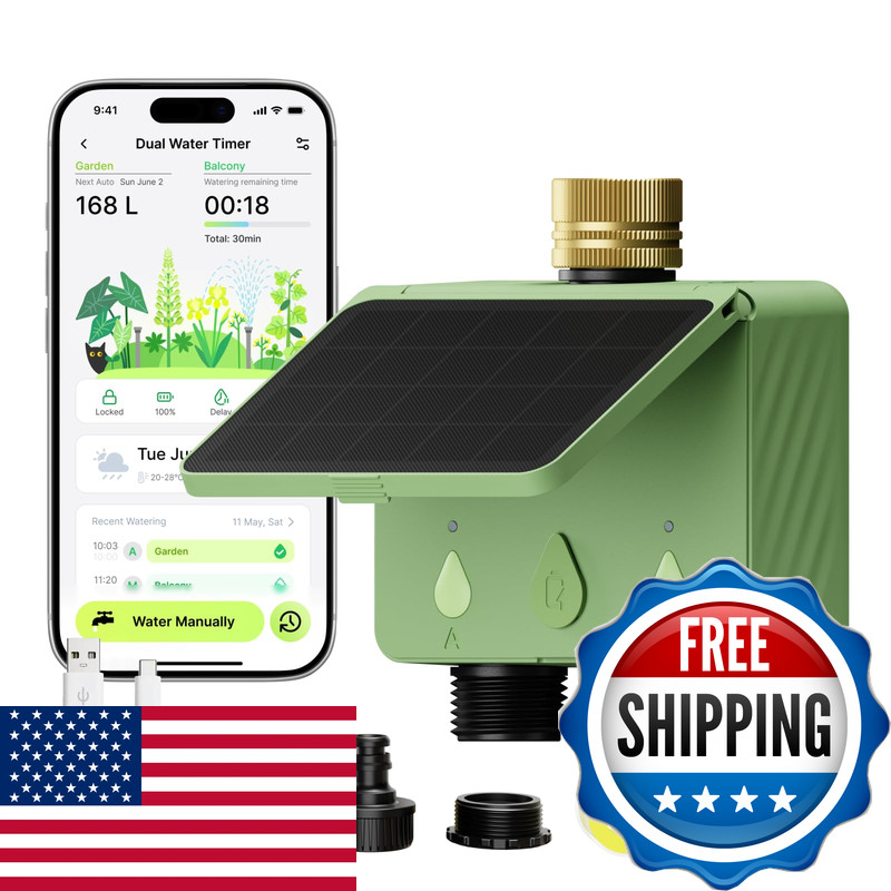 Ezaiot Solar Wifi Water Timer For Garden Hose 2-Zone Sprinkler Controller Flow